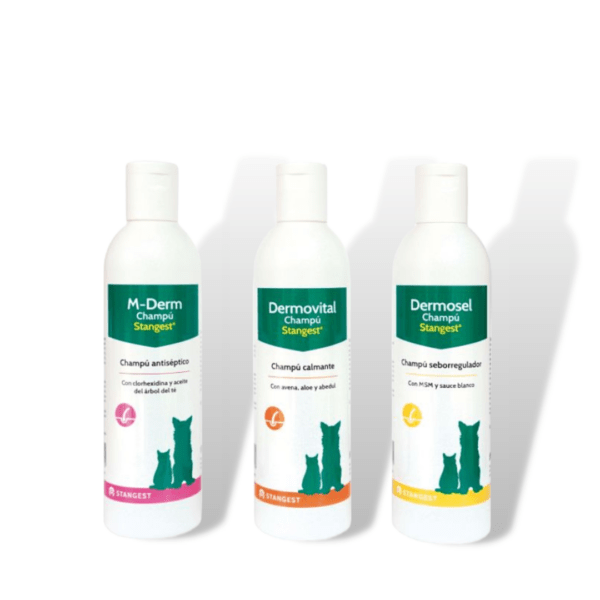 Dermosel Dermovital y M-derm champú para perros y gatos con problemas dérmicos