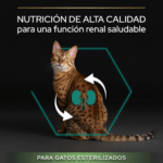 PURINA® PRO PLAN® STERILISED Adult 1+ RENAL PLUS es un alimento completo para gatos adultos esterilizados, rico en salmón, que favorece una función renal saludable.