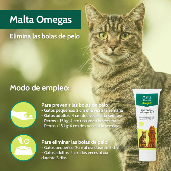 🔍 MALTA OMEGAS STANGEST Complemento Nutricional Con Malta, Omega 3, Omega 6 y Taurina para ayudar a regular la función digestiva y dérmica Descripción Composición Modo de empleo Presentaciones Ficha técnica Instrucciones de uso: Puede darse desde la primera muda. Para prevenir las bolas de pelo: Gatos pequeños: 1.5 cm una vez a la semana Gatos adultos: 3 cm dos veces a la semana Perros 15 kg: 3 cm dos veces a la semana Para eliminar las bolas de pelo: Gatos pequeños: 1,5 cm al día durante 3 días Gatos adultos: 3 cm dos veces al día durante 3 días 🔍 MALTA OMEGAS STANGEST Complemento Nutricional Con Malta, Omega 3, Omega 6 y Taurina para ayudar a regular la función digestiva y dérmica Descripción Composición Modo de empleo Presentaciones Ficha técnica Alimento complementario que promueve la función digestiva de perros y gatos, constituyendo una golosina sana y eficaz.