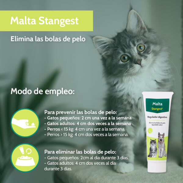 La Malta Stangest es un alimento complementario que promueve la función digestiva y suplementa la nutrición de perros y gatos, constituyendo una golosina sana y eficaz. Es ideal para prevenir y eliminar las bolas de pelo.