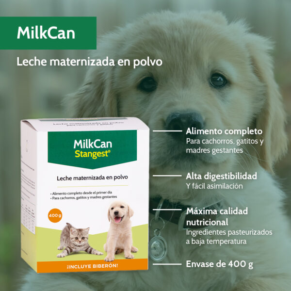 Leche maternizada en forma de polvo soluble que proporciona los nutrientes necesarios para el correcto desarrollo de los cachorros y los gatitos.