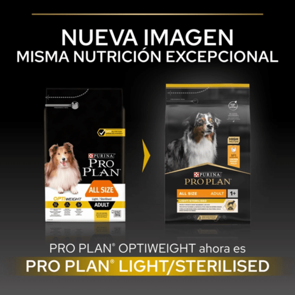 PURINA® PRO PLAN® All Sizes Adult Light / Sterilised rico en Pollo es un alimento completo bajo en grasa para perros adultos de todos los tamaños con sobrepeso o esterilizados. Demostrado que favorece el control del peso.