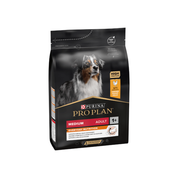 PURINA® PRO PLAN® Medium Adult Pollo Everyday Nutrition es un alimento completo para perros adultos de razas medianas que apoya el mantenimiento cotidiano de la salud.
