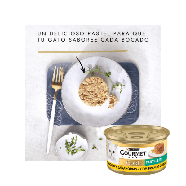 GOURMET Gold Tartelette contiene trocitos con carnes o pescados delicadamente cortados, cuidadosamente aliñados con solo un toque de salsa. Todo se une en un delicioso pastel para que tu gato saboree cada bocado. Nuevo GOURMET Gold Tartelette: Delicioso en cada bocado.