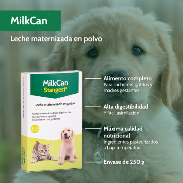 Leche maternizada en forma de polvo soluble que proporciona los nutrientes necesarios para el correcto desarrollo de los cachorros y los gatitos.